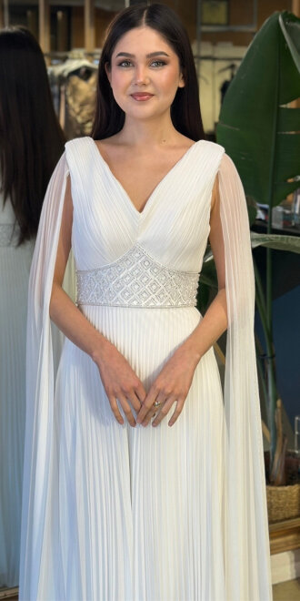 Beyaz V Yaka Pelerin Kloş Etekli Şifon Uzun Abiye Elbise 11108-01 - 4