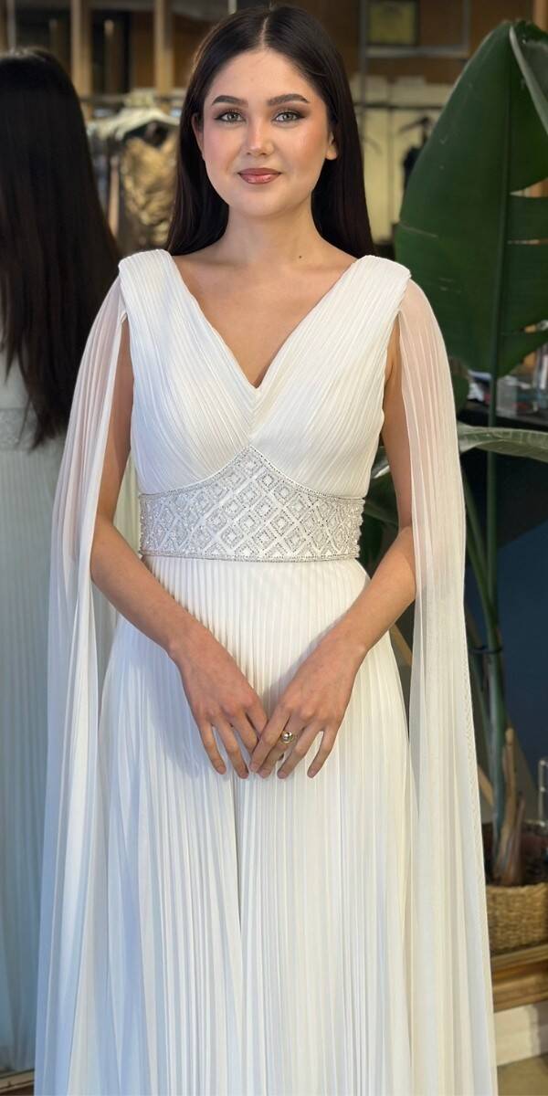 Beyaz V Yaka Pelerin Kloş Etekli Şifon Uzun Abiye Elbise 11108-01 - 1