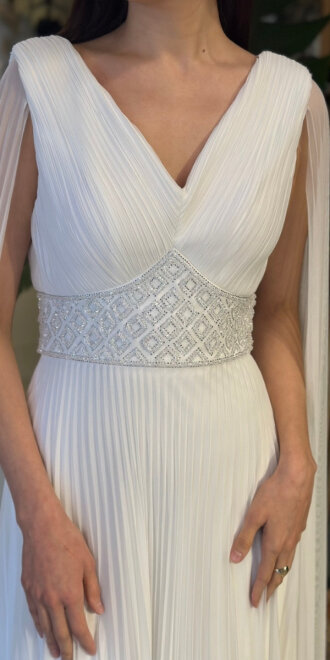 Beyaz V Yaka Pelerin Kloş Etekli Şifon Uzun Abiye Elbise 11108-01 - 4