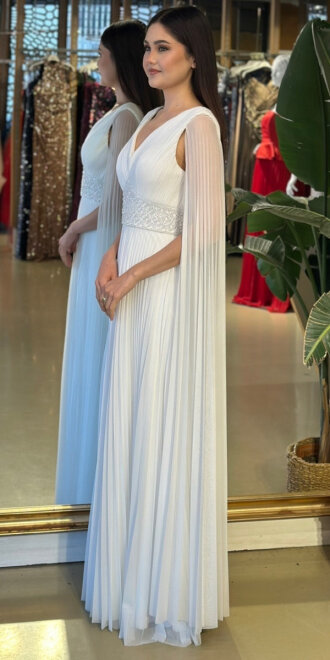 Beyaz V Yaka Pelerin Kloş Etekli Şifon Uzun Abiye Elbise 11108-01 - 2