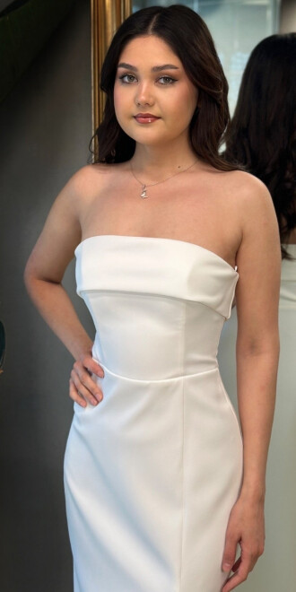 Beyaz Straplez Yaka Yırtmaçlı Düz Kesim Krep Midi Abiye Elbise 7692 - 2