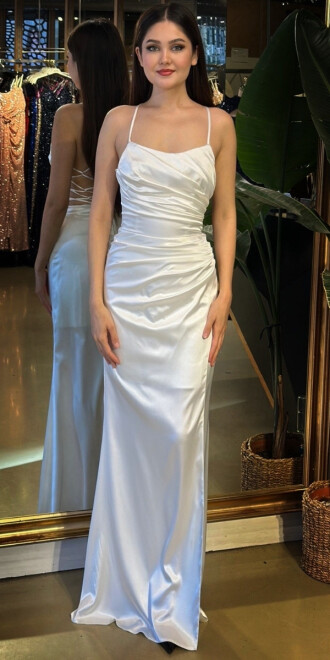 Beyaz Yuvarlak Yaka İp Askılı Sırt Dekolteli Yırtmaçlı Düz Kesim Saten Uzun Abiye Elbise 11105-03 - abiyeniall