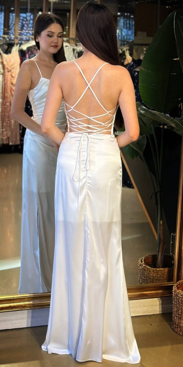 Beyaz Yuvarlak Yaka İp Askılı Sırt Dekolteli Yırtmaçlı Düz Kesim Saten Uzun Abiye Elbise 11105-03 - 5