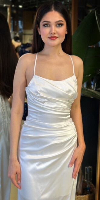 Beyaz Yuvarlak Yaka İp Askılı Sırt Dekolteli Yırtmaçlı Düz Kesim Saten Uzun Abiye Elbise 11105-03 - 3