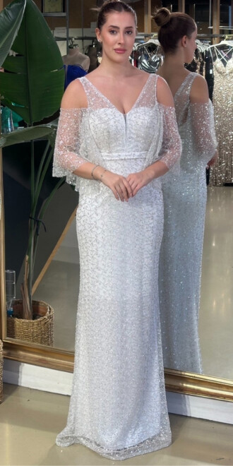 Boncuklu Beyaz Abiye 7671 - abiyeniall