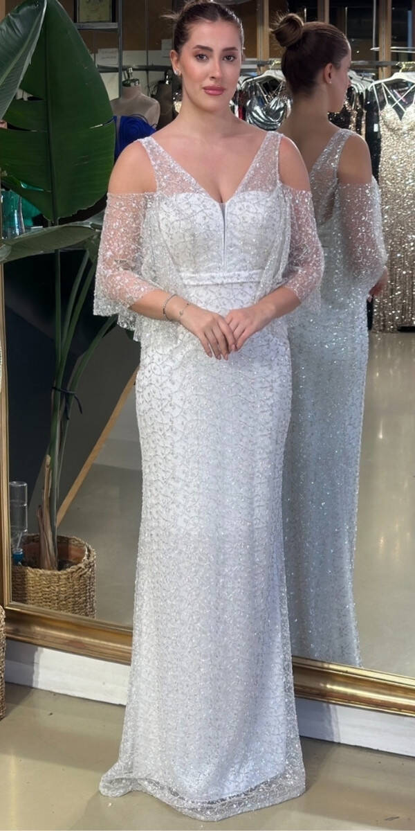 Boncuklu Beyaz Abiye 7671 - 1