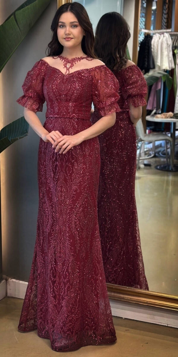  Bordo Balon Kollu Dantel Detaylı Düz Kesim Simli Uzun Abiye Elbise 7278 - 1