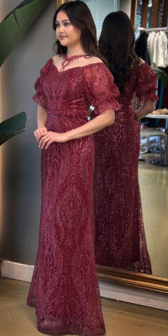  Bordo Balon Kollu Dantel Detaylı Düz Kesim Simli Uzun Abiye Elbise 7278 - 2