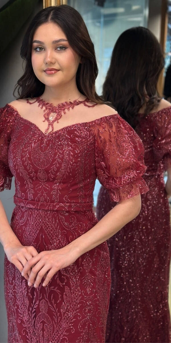  Bordo Balon Kollu Dantel Detaylı Düz Kesim Simli Uzun Abiye Elbise 7278 - 3