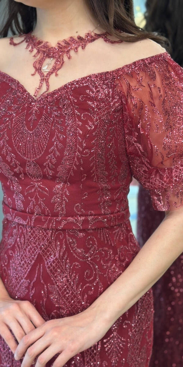  Bordo Balon Kollu Dantel Detaylı Düz Kesim Simli Uzun Abiye Elbise 7278 - 4