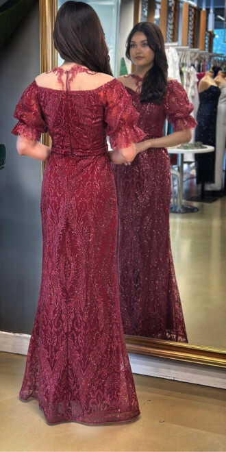  Bordo Balon Kollu Dantel Detaylı Düz Kesim Simli Uzun Abiye Elbise 7278 - 5