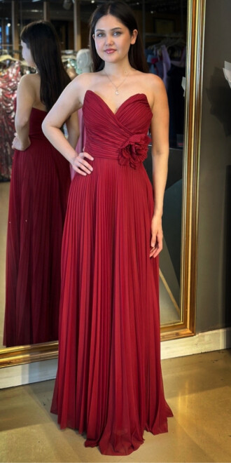 Bordo Straplez Yaka Çiçek Detaylı Kloş Etekli Tül Uzun Abiye Elbise 11003 