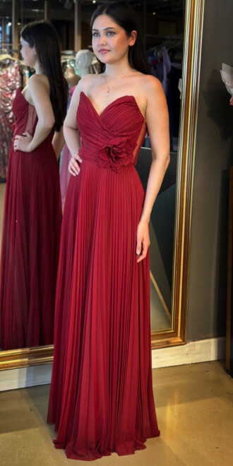 Bordo Straplez Yaka Çiçek Detaylı Kloş Etekli Tül Uzun Abiye Elbise 11003 - 2