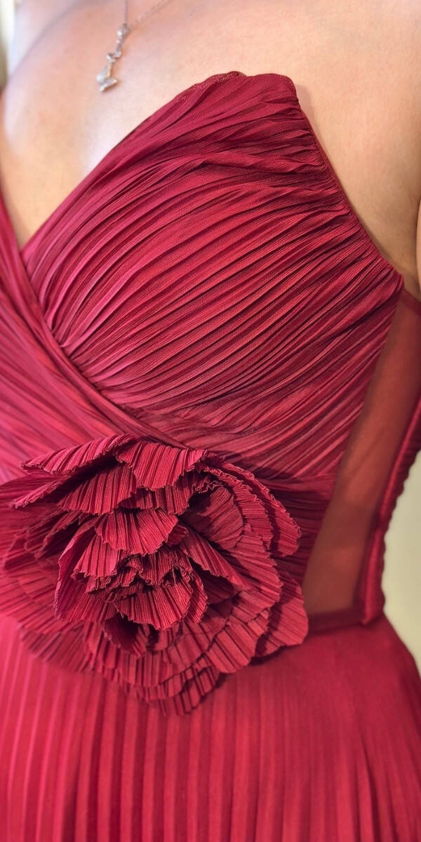 Bordo Straplez Yaka Çiçek Detaylı Kloş Etekli Tül Uzun Abiye Elbise 11003 - 4