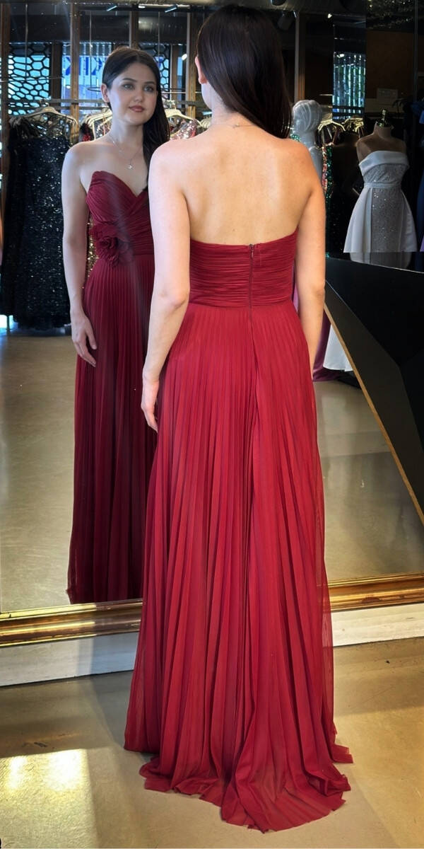 Bordo Straplez Yaka Çiçek Detaylı Kloş Etekli Tül Uzun Abiye Elbise 11003 - 5