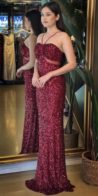 Bordo İp Askılı Düz Kesim Payet Uzun Abiye Elbise 7702 - 3