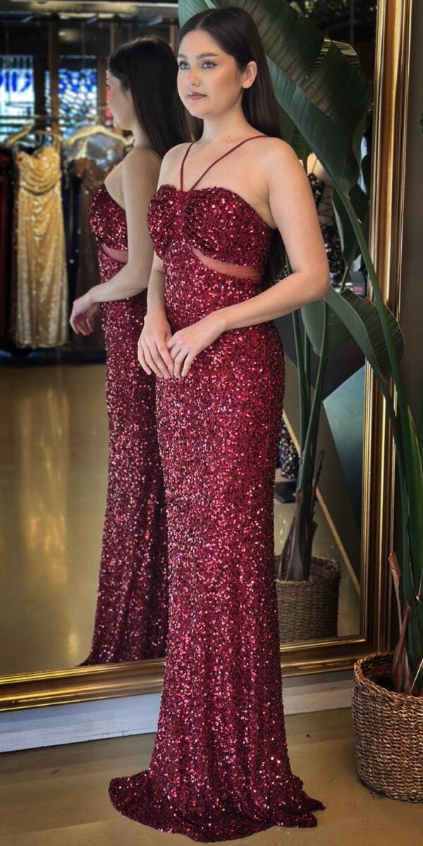 Bordo İp Askılı Düz Kesim Payet Uzun Abiye Elbise 7702 - 3