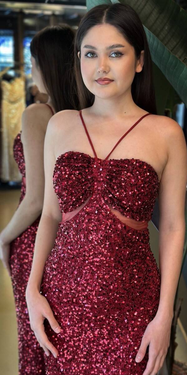 Bordo İp Askılı Düz Kesim Payet Uzun Abiye Elbise 7702 - 2