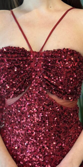 Bordo İp Askılı Düz Kesim Payet Uzun Abiye Elbise 7702 - 4