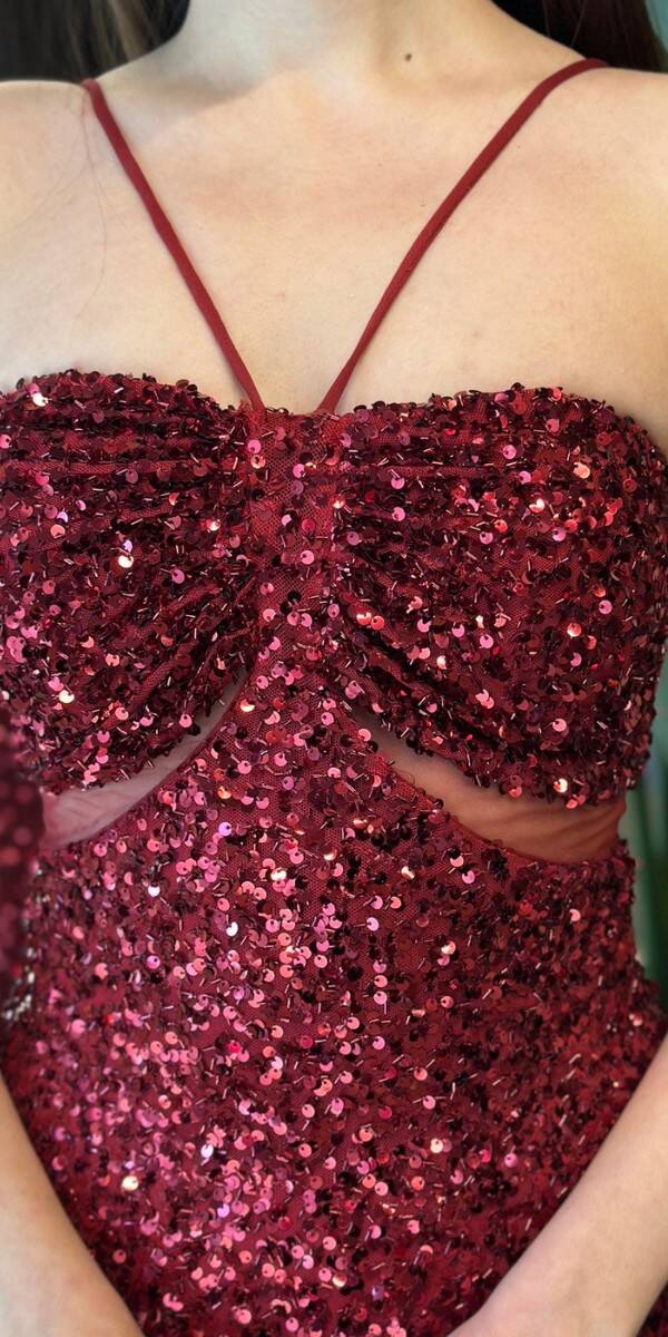 Bordo İp Askılı Düz Kesim Payet Uzun Abiye Elbise 7702 - 4