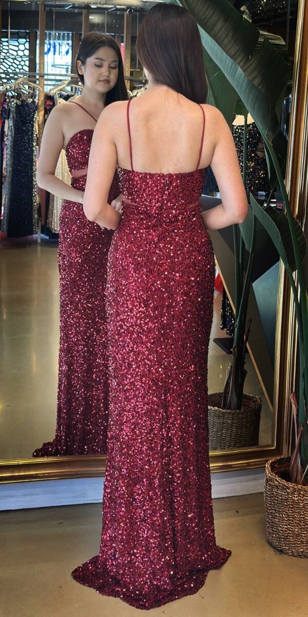 Bordo İp Askılı Düz Kesim Payet Uzun Abiye Elbise 7702 - 5