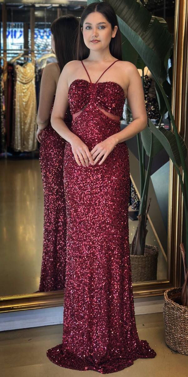 Bordo İp Askılı Düz Kesim Payet Uzun Abiye Elbise 7702 - 1