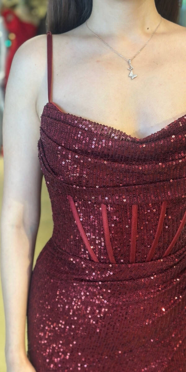 Bordo İp Askılı Degaje Yaka Yırtmaçlı Düz Kesim Payet Uzun Abiye Elbise 7711 - 4