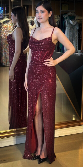 Bordo İp Askılı Degaje Yaka Yırtmaçlı Düz Kesim Payet Uzun Abiye Elbise 7711 - 2