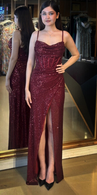 Bordo İp Askılı Degaje Yaka Yırtmaçlı Düz Kesim Payet Uzun Abiye Elbise 7711 