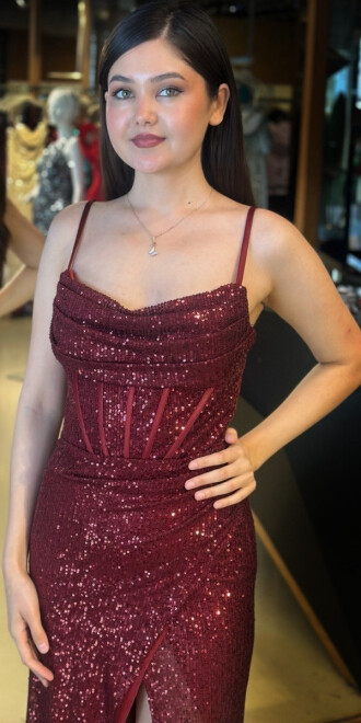 Bordo İp Askılı Degaje Yaka Yırtmaçlı Düz Kesim Payet Uzun Abiye Elbise 7711 - 3