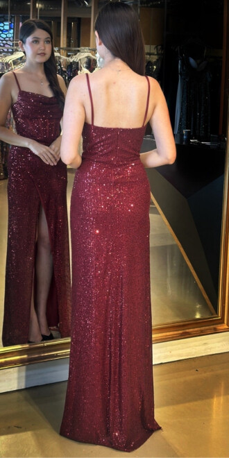 Bordo İp Askılı Degaje Yaka Yırtmaçlı Düz Kesim Payet Uzun Abiye Elbise 7711 - 5