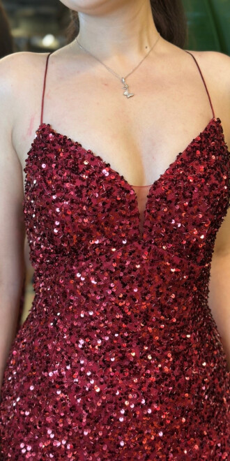 Bordo İp Askılı V Yaka Sırt Dekolteli Balık Etekli Pul Payet Uzun Abiye Elbise 7714 - 4