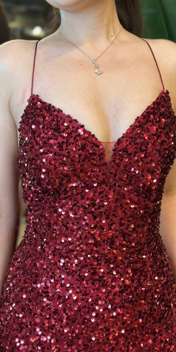 Bordo İp Askılı V Yaka Sırt Dekolteli Balık Etekli Pul Payet Uzun Abiye Elbise 7714 - 4