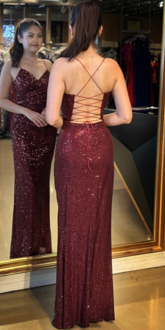 Bordo İp Askılı Sırt Dekolteli Düz Kesim Payet Uzun Abiye Elbise 7265 - 5