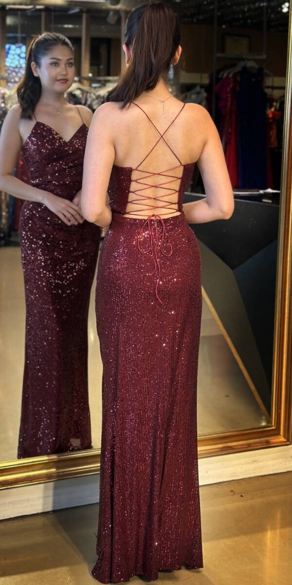 Bordo İp Askılı Sırt Dekolteli Düz Kesim Payet Uzun Abiye Elbise 7265 - 5