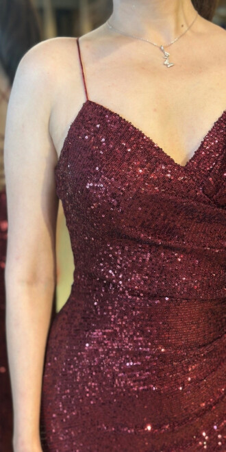 Bordo İp Askılı Sırt Dekolteli Düz Kesim Payet Uzun Abiye Elbise 7265 - 4