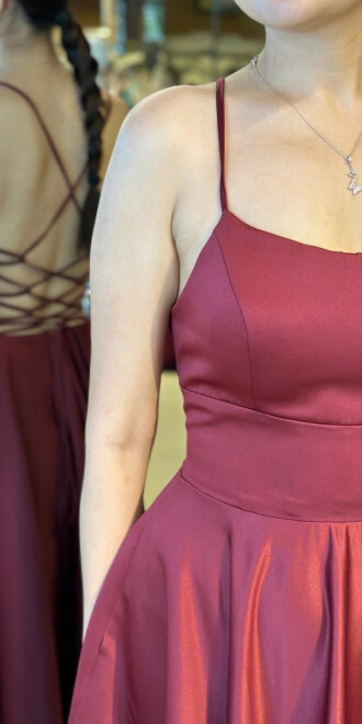 Bordo İp Askılı Sırt Dekolteli Kloş Etekli Saten Uzun Abiye Elbise 7590 - 4