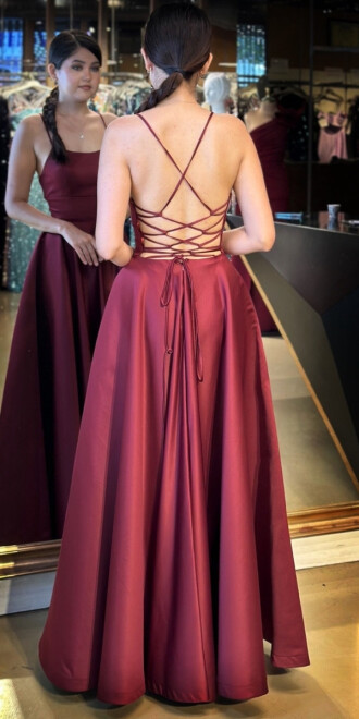 Bordo İp Askılı Sırt Dekolteli Kloş Etekli Saten Uzun Abiye Elbise 7590 - 5