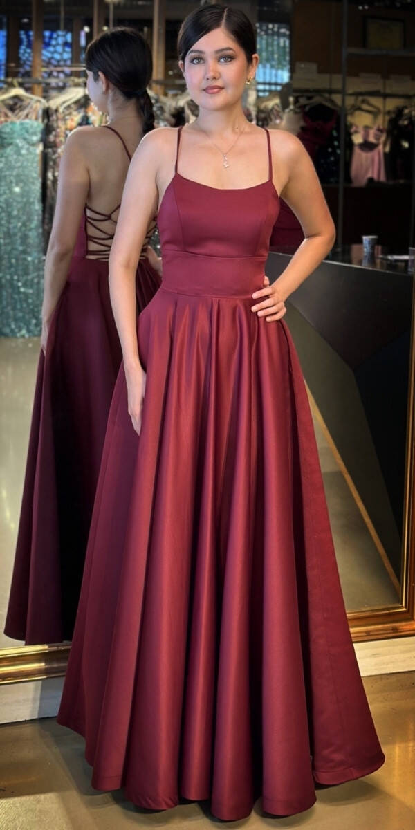 Bordo İp Askılı Sırt Dekolteli Kloş Etekli Saten Uzun Abiye Elbise 7590 - 1