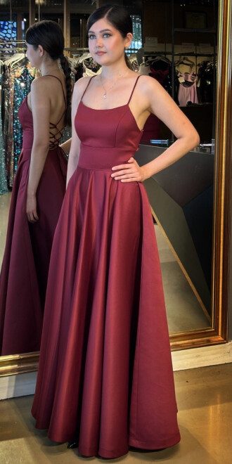 Bordo İp Askılı Sırt Dekolteli Kloş Etekli Saten Uzun Abiye Elbise 7590 - 2