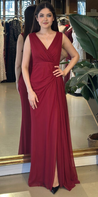 Bordo Kalın Askı Yırtmaçlı Düz Kesim Likralı Uzun Abiye Elbise 7648 - abiyeniall