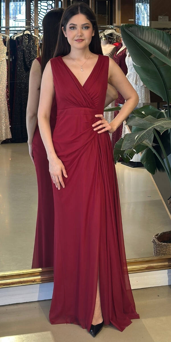 Bordo Kalın Askı Yırtmaçlı Düz Kesim Likralı Uzun Abiye Elbise 7648 - 1