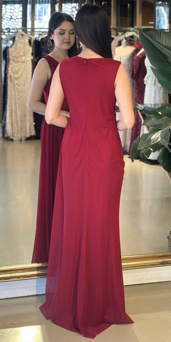 Bordo Kalın Askı Yırtmaçlı Düz Kesim Likralı Uzun Abiye Elbise 7648 - 2