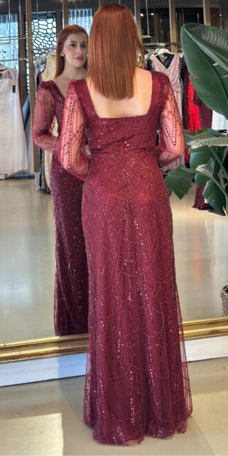 Bordo Kare Yaka Uzun Kollu Kloş Etekli Pullu Boncuklu Uzun Abiye Elbise 11047-18 - 5