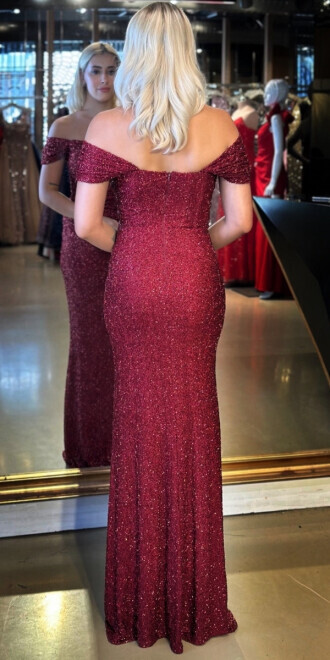 Bordo Madonna Yaka Düz Kesim Pullu Boncuklu Uzun Abiye Elbise 11023 - 4