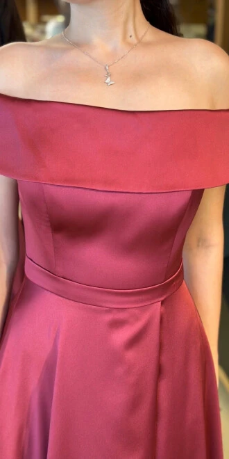 Bordo Madonna Yaka Kloş Etekli Saten Uzun Abiye Elbise 11067 - 4