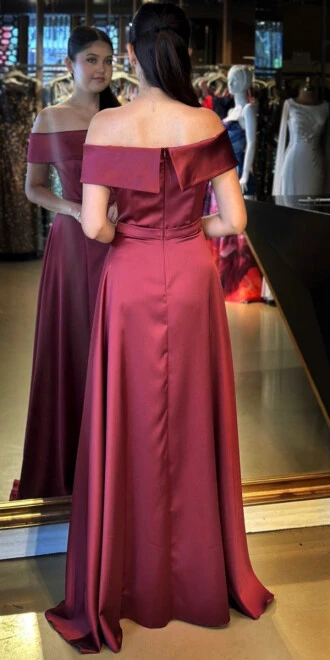 Bordo Madonna Yaka Kloş Etekli Saten Uzun Abiye Elbise 11067 - 5