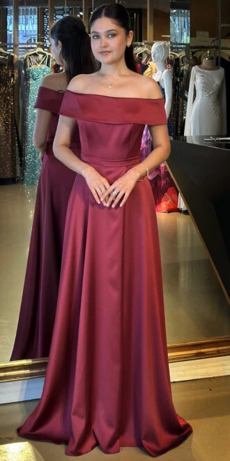 Bordo Madonna Yaka Kloş Etekli Saten Uzun Abiye Elbise 11067 - abiyeniall