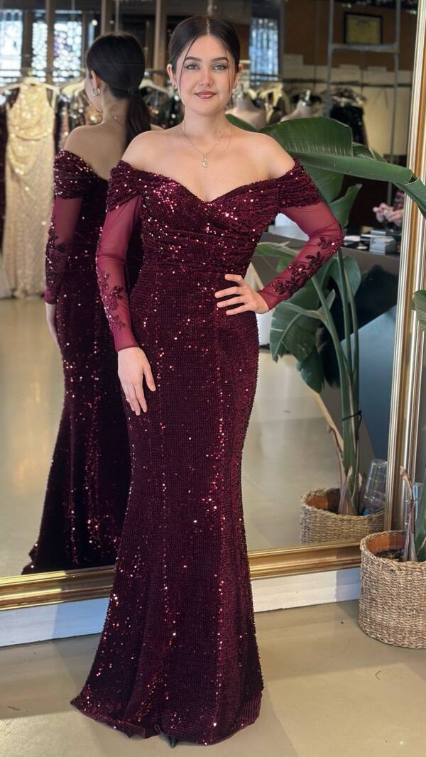 Bordo Madonna Yaka Uzun Kollu Pul Payet Uzun Abiye Elbise 11202-02 - 1