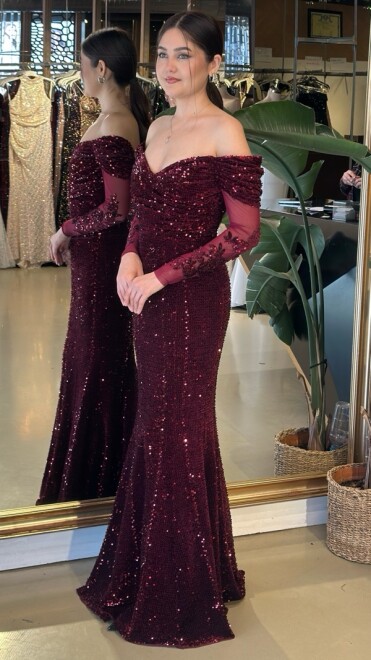 Bordo Madonna Yaka Uzun Kollu Pul Payet Uzun Abiye Elbise 11202-02 - 2